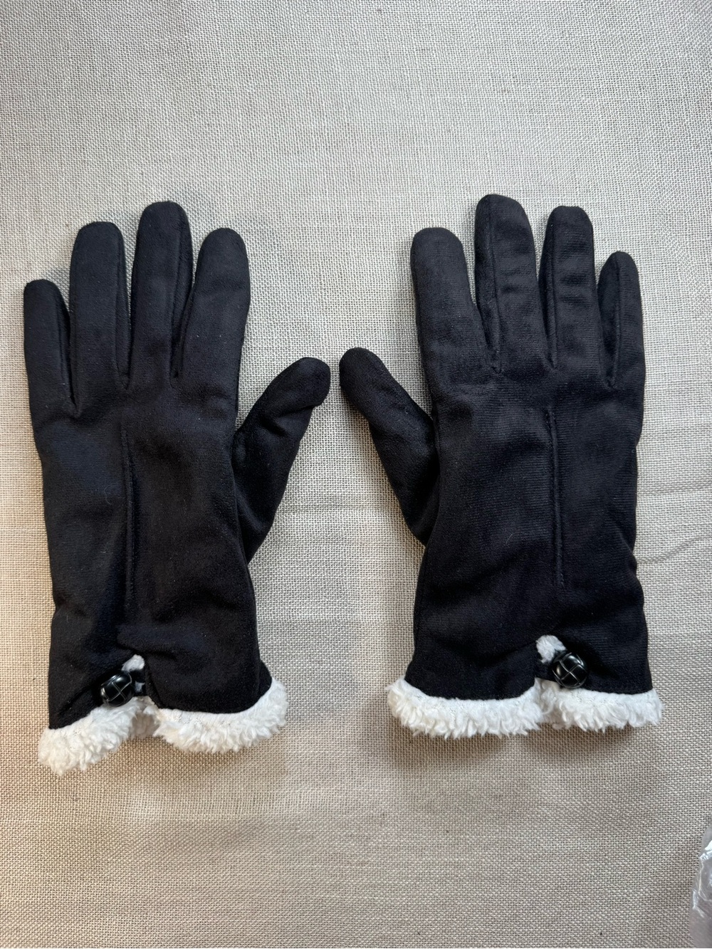 Isotoner Black Faux-Suede Gloves with White Faux-Fur Trim